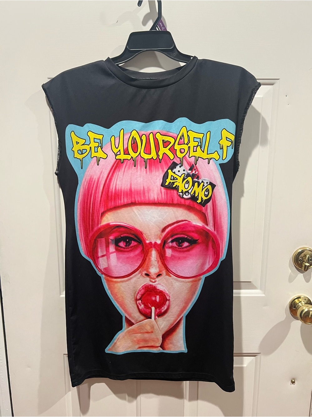 Unk Black Mini Dress with Pink Pop-Art Face